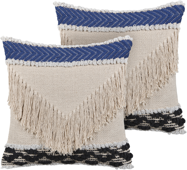 Dekokissen Fransen beige marineblau 45 x 45 cm 2er Set SOFCA