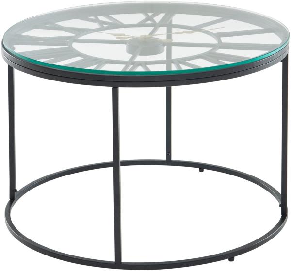 Couchtisch Glas Metall 60x60x43 cm Sofatisch mit Deko-Uhr | Design Wohnzimmertisch Rund | Kleiner Kaffeetisch Modern | Beistelltisch Anstelltisch Wohnzimmer schwarz