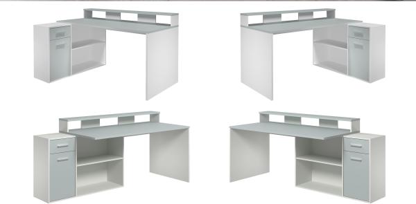 Schreibtisch 'Gamer' in weiß/grau, 160 - 200 x 92 cm