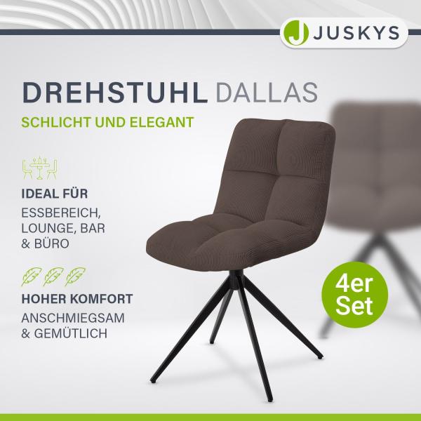 Juskys Drehstuhl Dallas Cord 4er Set - Esszimmerstühle, drehbar, Cord Bezug, Stuhl 120 kg belastbar, Stühle, Esszimmer, Esszimmerstuhl - Braun Bild 2