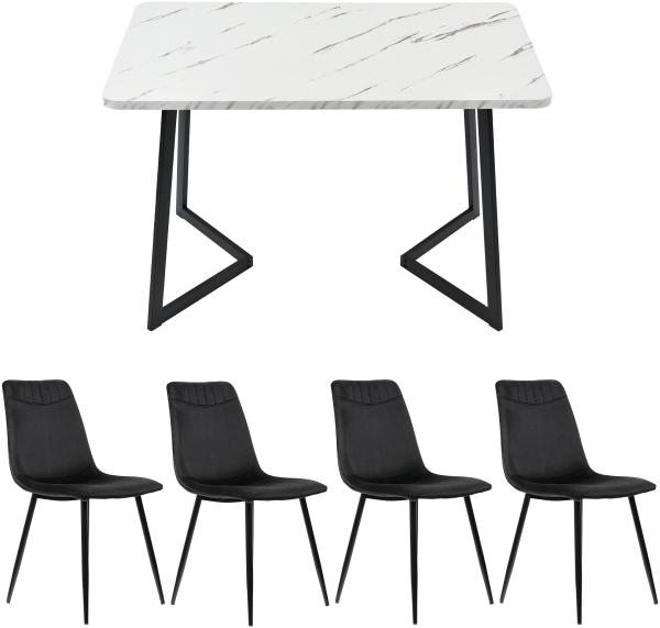 Merax Essgruppe 117×68cm Esstisch mit 4 Stühlen, (Set, 5-tlg), weißer MDF-Tischplatte mit Marmoroptik, Samt, Schwarz