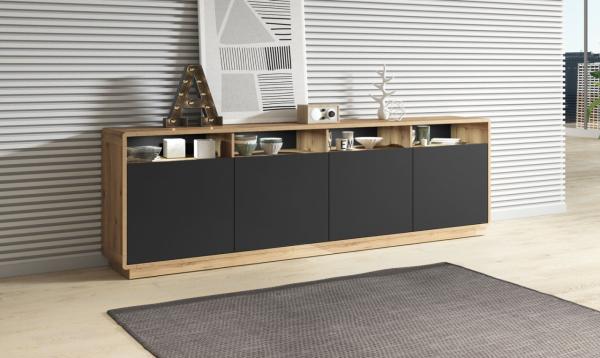 Sideboard Kommode Aston 238cm Taurus Eiche schwarz 4-türig