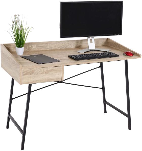Schreibtisch HWC-J97, Bürotisch Computertisch, Schublade 3D-Struktur 98x114x60cm MVG-zertifiziert ~ Eiche-Optik