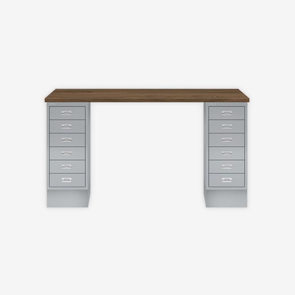 MultiDesk, 2 MultiDrawer mit 6 Schüben, Dekor Nussbaum, Farbe Silber, Maße: H 740 x B 1400 x T 600 mm