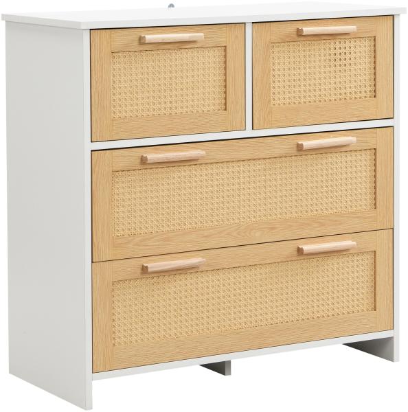 Merax Hochwertiger 4-Schubladen-Rattanschrank mit Massivholzgriffen - Geeignet für Schlafzimmer, Wohnzimmer Maße: B80/H80/T38 cm Natur + Weiß