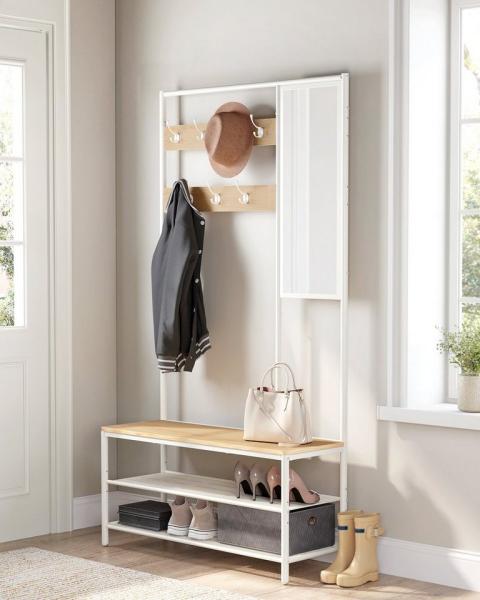 Kleiderständer, Garderobe, Garderobenständer mit Haken, Spiegel, Sitzbank, 35 x 98 x 180 cm, für Eingangsbereich, Schlafzimmer, Wohnzimmer, Industrie-Design, Eichenfarben-Weiß von SONGMICS HSR415W09