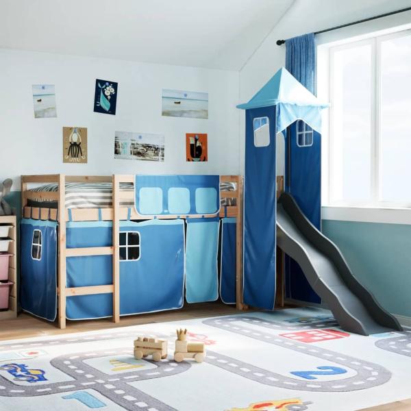 Kinderhochbett mit Turm Blau 90x190 cm Massivholz Kiefer 3309138