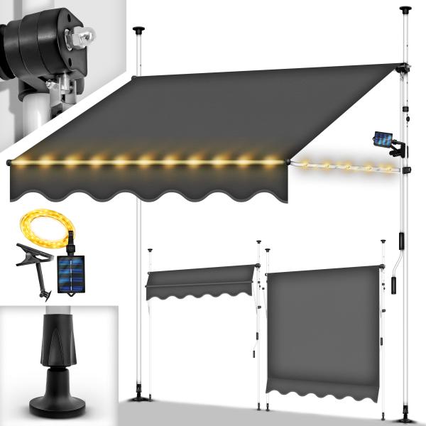 tillvex Klemmmarkise 400 cm Grau mit LED mit Handkurbel Balkon | Balkonmarkise ohne Bohren | Markise UV-beständig & höhenverstellbar | Sonnenschutz wasserdicht