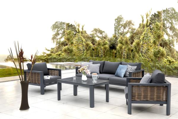 Gartenlounge Garnitur Calgary - großes Sofa + Tisch 120x70 cm + 2 bequeme Lounge Sessel Bild 1