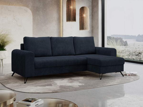 Ecksofa Wohnzimmer aus Cordstoff mit Schlaffunktion - HUGO-lin - Dunkelblau Velours