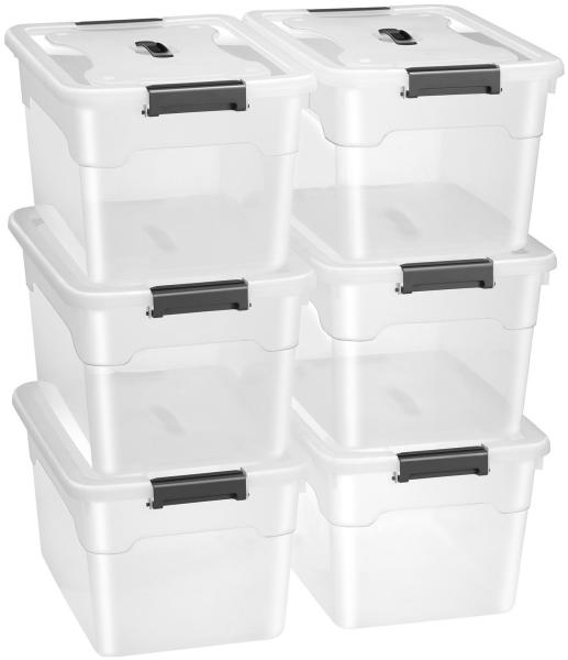 Juskys Aufbewahrungsbox mit Deckel - 6er Set Kunststoff Boxen 30l - Box groß, stapelbar, transparent - Aufbewahrung Ordnungssystem Aufbewahrungsboxen