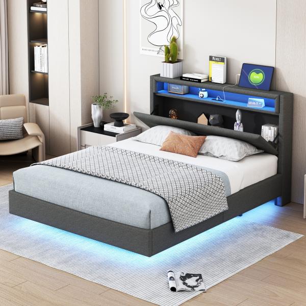 Merax Polsterbett 140x200 cm mit USB-Steckdose & LED-Licht, verdecktes Fußteil, Doppelflachbett, Erwachsenenbett, Leinenstoff, grau