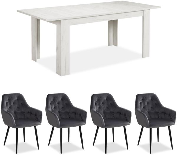 Esstisch mit 4 Stühlen Set Essgruppe Samt Polsterstühle Grau Küchentisch Modern Holz Shabby Weiß 160x90 cm Esszimmertisch Massiv