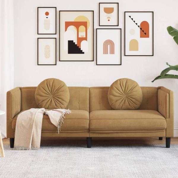 Sofa mit Kissen 3-Sitzer Braun Samt (Farbe: Braun)