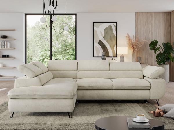 Ecksofa, L-form mit Schlaffunktion, verstellbaren Kopfstützen, Bettkasten - PEDRO - Beige Velours - Topper T25 - links