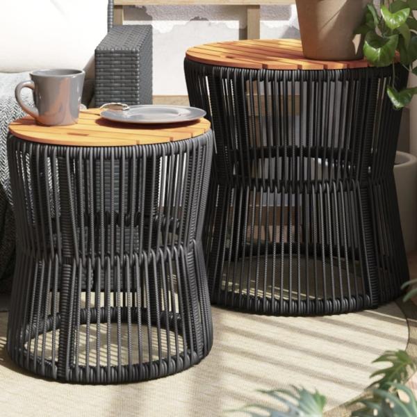 vidaXL Garten-Beistelltische 2 Stk. mit Holzplatte Schwarz Poly Rattan