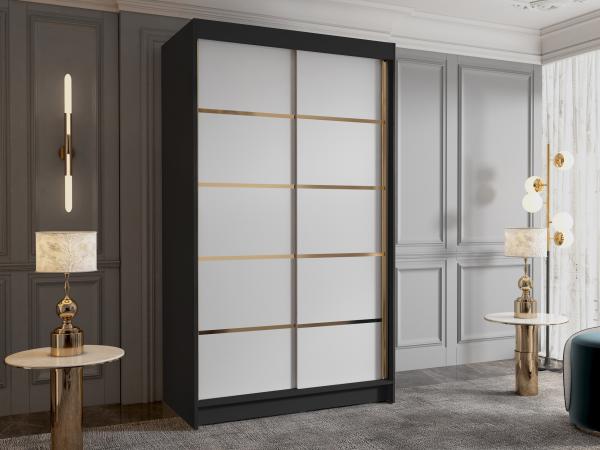 Kleiderschrank mit Goldverzierung Nurvota IV mit zwei Schwebetüren (Farbe: Schwarz / Weiß)