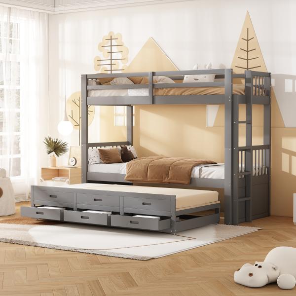 Merax Etagenbett 90x200cm, Kinderbett, Hausbett für Mädchen und Jungen, Bettgestell aus Kiefer und MDF mit Leiter undausziehbarem Bett und 3 Schubladen , Grau