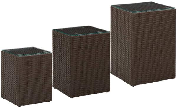 vidaXL Beistelltische 3 Stk. mit Glasplatten Braun Poly Rattan