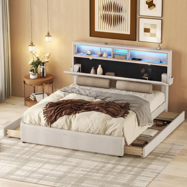 Merax Doppelbett, Polsterbett, Bett mit USB-Aufladung und LED-Beleuchtung, Funktionsbett mit vier Schubladen, Beige, 140 x 200 cm