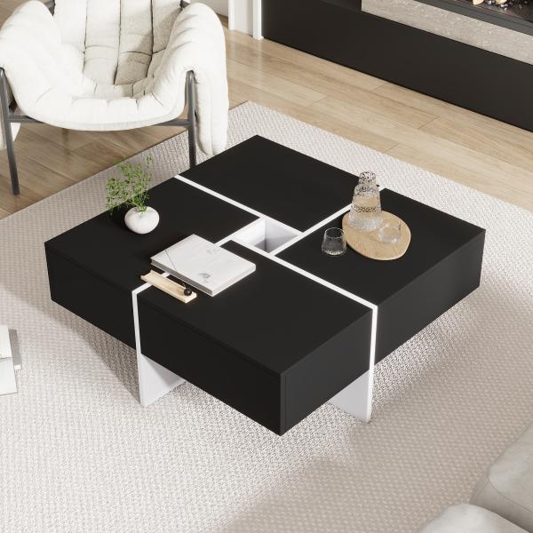 Merax Modernes 70*70*35cm Couchtisch mit 10*10cm Zentralem Aufbewahrungsfach, Schwarz