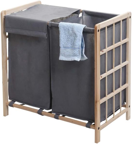 Wäschesammler HWC-B60, Laundry Wäschebox Wäschekorb, Massiv-Holz 2 Fächer 60x60x33cm 68l ~ hellbraun, Bezug grau