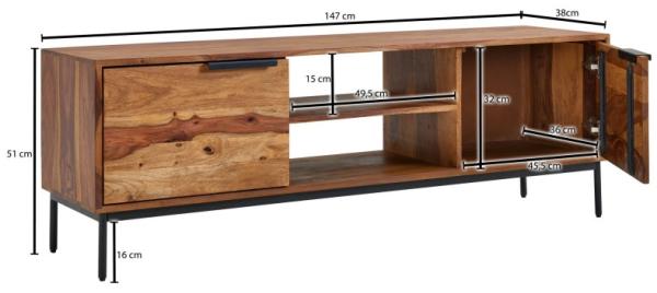 Lowboard Sheesham Massivholz 147x51x38 cm TV-Kommode mit zwei Türen Bild 4