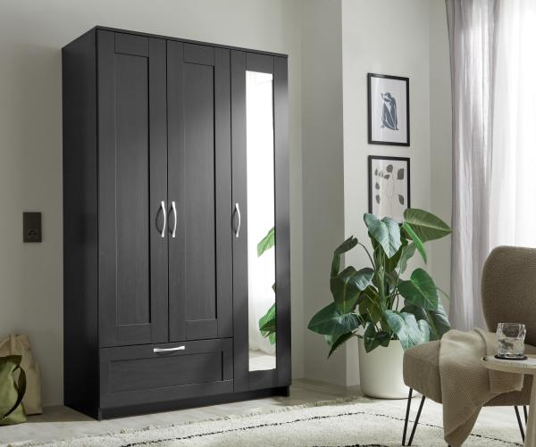 SALIAS Kleiderschrank mit Spiegeltür in Schwarz - Vielseitiger Drehtürenschrank 3-türig für Ihr Schlafzimmer - 117 x 190 x 50 cm (B/H/T)