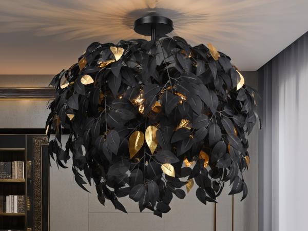 Große LED Deckenleuchte mit Blätter Lampenschirm Schwarz-Gold Ø 70cm