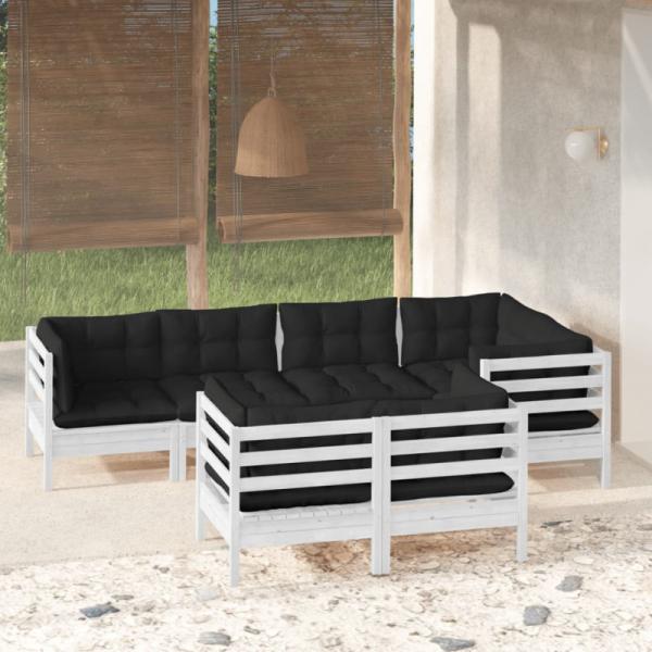 7-tlg. Garten-Lounge-Set mit Kissen Weiß Kiefer Massivholz