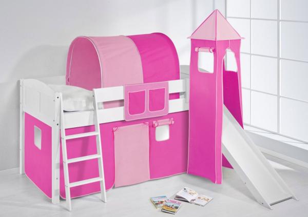 Lilokids 'Ida 4105' Spielbett 90 x 200 cm, Rosa, Kiefer massiv, mit Turm, Rutsche und Vorhang