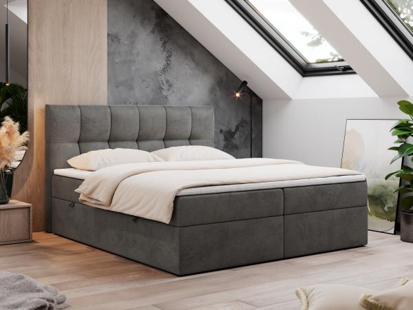 Boxspringbett mit Kopfteil und Topper, Doppelbett - RICO - 200x200cm - Dunkelgrau Velours - H4