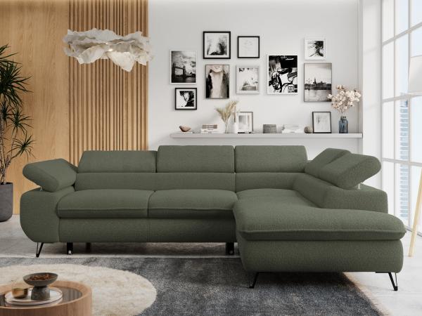 Ecksofa mit Bettfunktion, Modern Sofa, L-form, Einstellbare Kopfstützen, Bettkasten - PETER - Grün Boucle - rechts