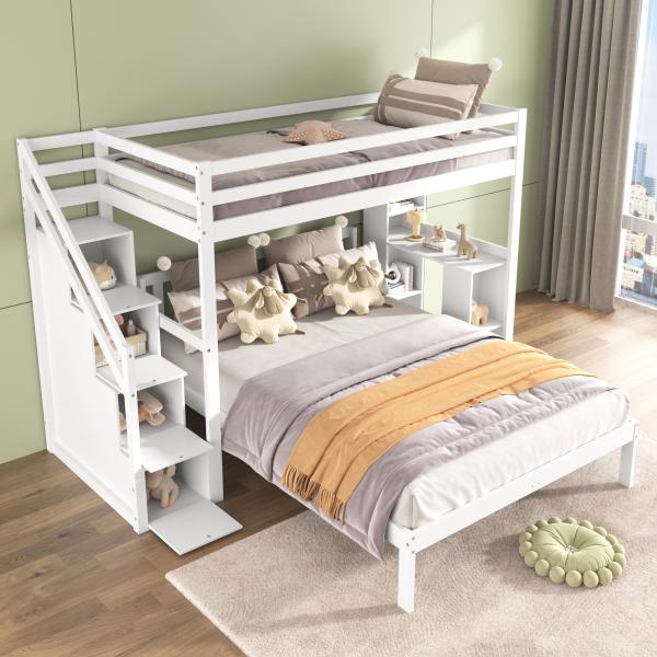 Merax Etagenbett mit seitlichen Ablagen, 90*200cm+140*200cm, Multifunktionales Kinderbett, Kinder-Etagenbett, Mit Stautreppe, Großer Stauraum, Ohne Matratze, Kiefer + MDF, Weiß