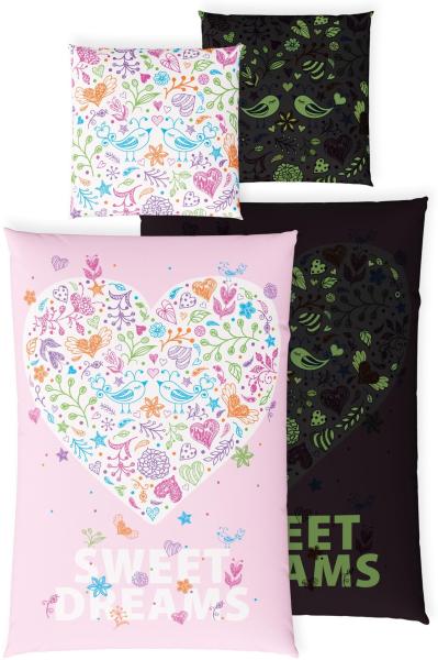 Kinderbettwäsche Leuchtende Bettwäsche 135x200 Mädchen Rosa Herz Blume Kinder Bettbezug, Carpe Sonno, Renforcé, 2 teilig, GLOW IN THE DARK Blumen Bettwäsche Mädchen Herz