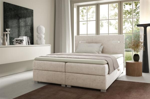 Boxspringbett Schlafzimmerbett CAPRICE 140x200cm Stoff Beige inkl. Ambiente-LED