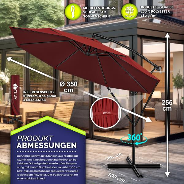 tillvex Sonnenschirm Rot Ø 350 cm Ampelschirm Gartenschirm Marktschirm Kurbel Balkon Alu Neigbar Bild 5