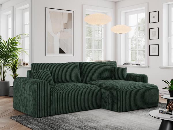 Ecksofa L-form, Couch mit Schlaffunktion und Bettkaste - NELSON - Grün Cord