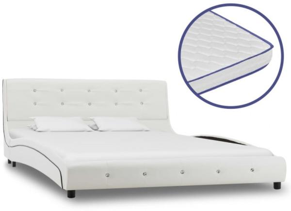 vidaXL Bett mit Matratze Kunstleder - mit Steinchen Weiß 140 x 200 cm Memory-Schaum