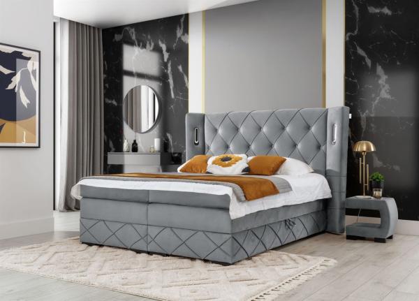 Boxspringbett Schlafzimmerbett ELVIANO 140x200cm Stoff Hellgrau inkl. Ambiente-LED