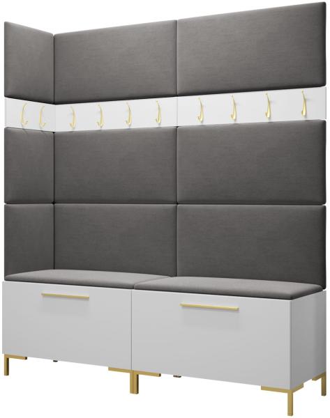 Garderoben-Set Zinetto V mit 8 Stück Gepolstertes Wandpaneel Pag 84x42 und 3 Stück 42x42 (Weiß + Gold, Manila 16)