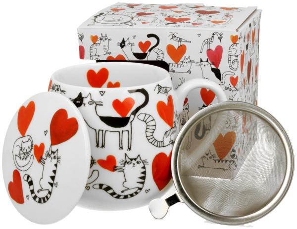 DUO ANIMALS Fassbecher 430 ml CAT’S WORLD – HEARTS mit Teesieb, New Bone China Porzellan