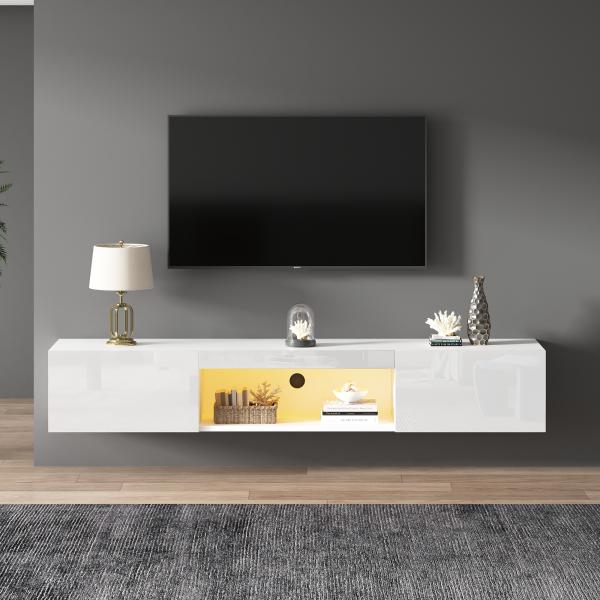 Merax 160*31*22cm weißer Hochglanz-Hängeschrank für 70-Zoll-TV, 30kg Tragfähigkeit, mit LED-Beleuchtung, Bluetooth-APP-Steuerung,Wandmontierter TV-Ständer