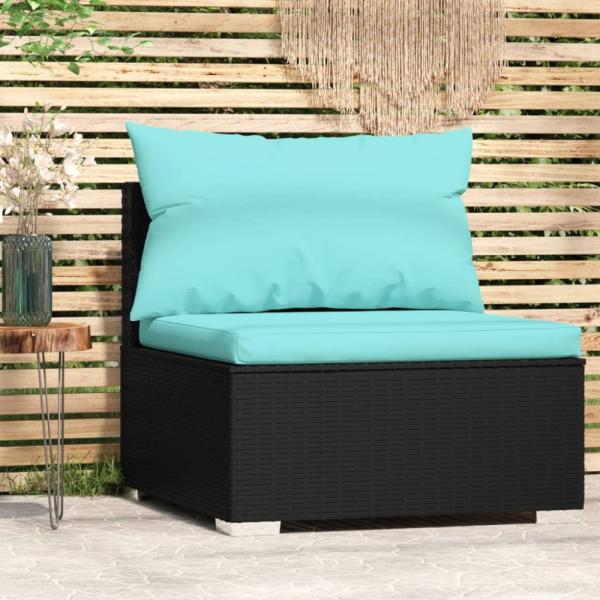 vidaXL Garten-Mittelsofa mit Kissen Schwarz Poly Rattan