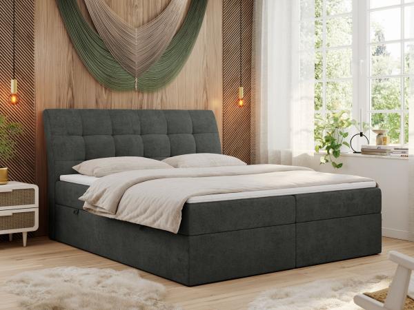 Boxspringbett Polsterbett mit Multipocket-Matratze und Topper - DIEGOS - 180x200cm - Dunkelgrau Stoff - H3