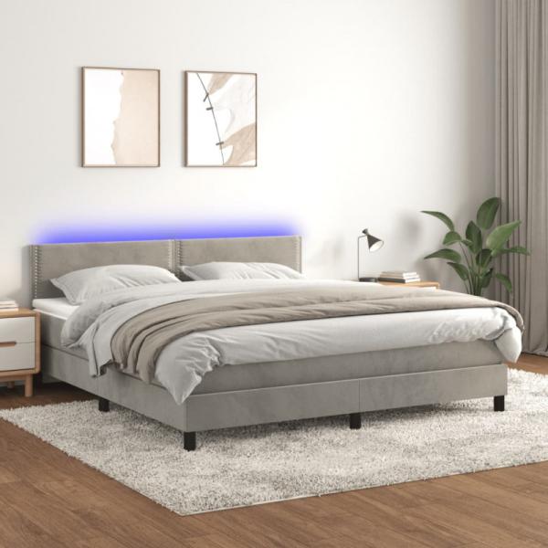 vidaXL Boxspringbett mit Matratze & LED Hellgrau 180x200 cm Samt 3134357