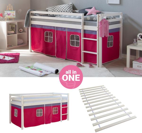 Hochbett mit Lattenrost 90x200 cm Spielbett Kinderbett Leiter Holz Kiefer Vorhang Pink Jugendbett