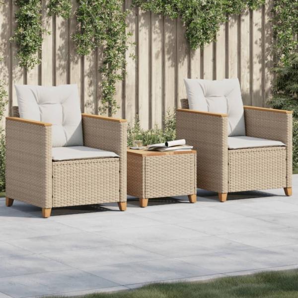 vidaXL 3-tlg. Bistro-Set mit Kissen Beige Poly Rattan Akazienholz