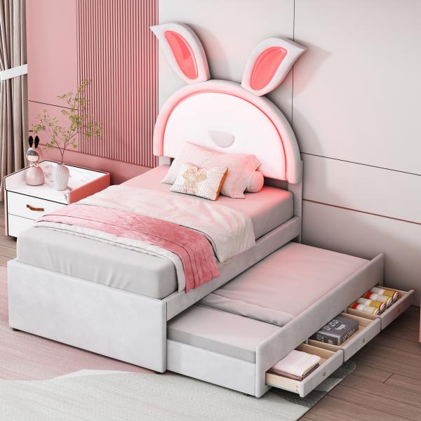 Merax Kinderbett Polsterbett 90 x 200 cm,Samtstoff Multifunktionales gepolstertes Einzelbett-Schlafsofa mit ausziehbarem Bett, Stauraumschublade und farbwechselndem LED-Licht, Beige