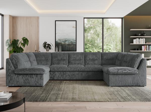 U-förmige Ecksofa, Bigsofa mit schlaffunktion, Wohnlandschaft XXL - MORBIDO U - Dunkelgrau Cord - Topper T25